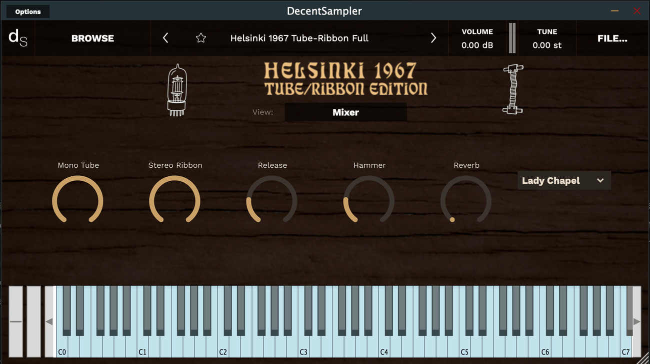 The DecentSampler interface showing the Mixer view with Mono Tube, Stereo Ribbon, Release, Hammer and Reverb knobs
