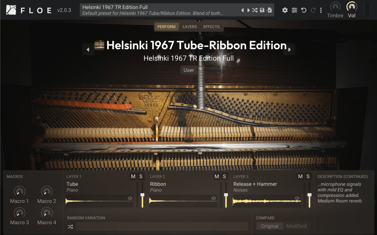 The Floe interface showing the Perform page with Tube, Ribbon and Release + Hammer layers and four macro knobs