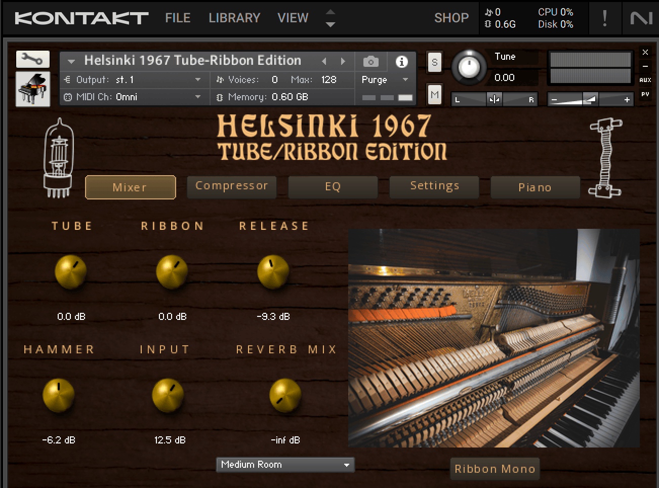 The Kontakt 7 interface showing the Mixer page with Tube, Ribbon, Release, Hammer, Input and Reverb Mix knobs